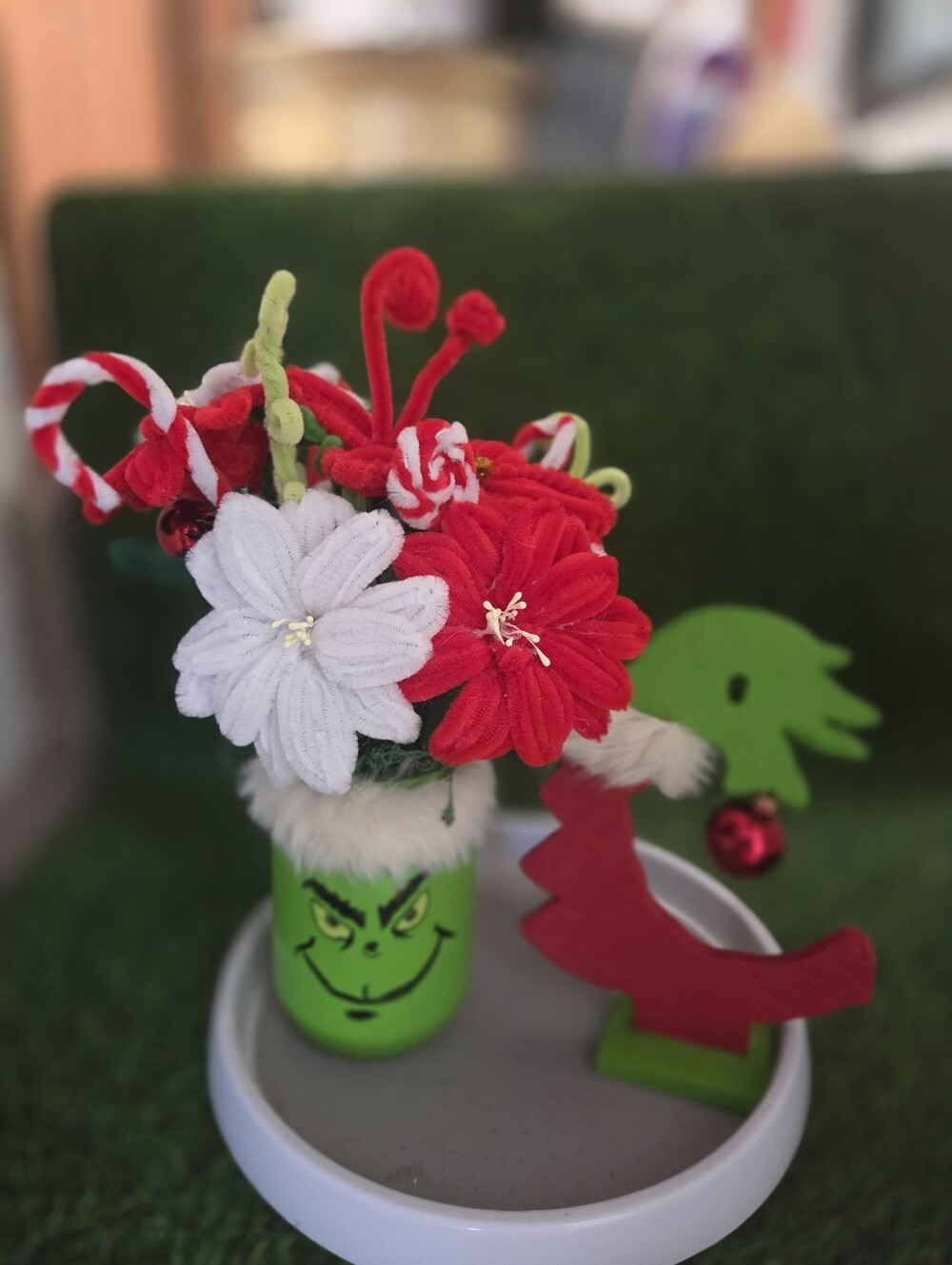 2pc Hand Made Floral Display With Grinch Hand